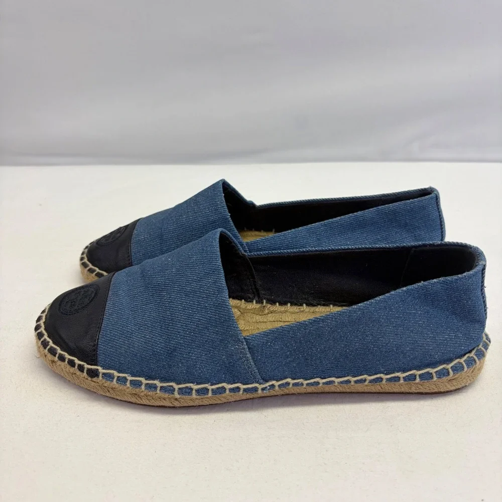 Tory Burch Espadrille Flats Womens 7.5 Blue Denim Leather Cap Toe Nautical 46767